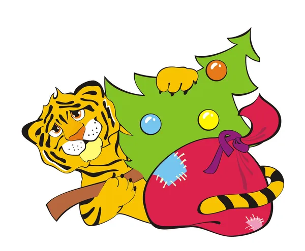 Tigre com presentes e árvore de Natal — Vetor de Stock