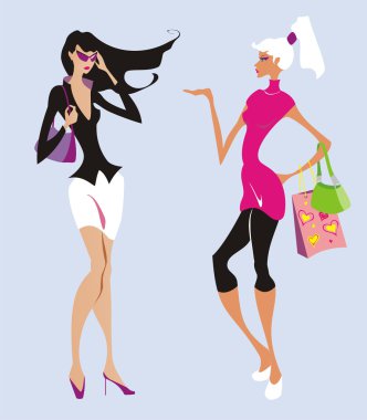 Two fashion women go shopping clipart