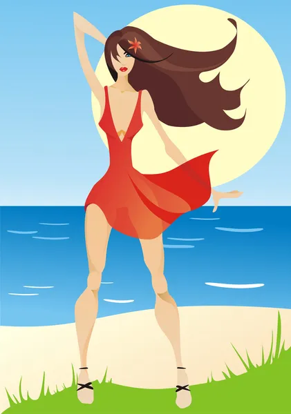 La hermosa mujer en una playa — Vector de stock
