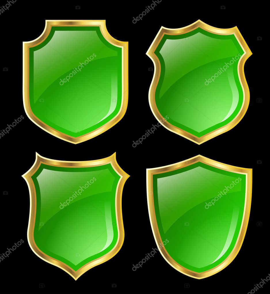 Green shields with golden border; design set with various shapes