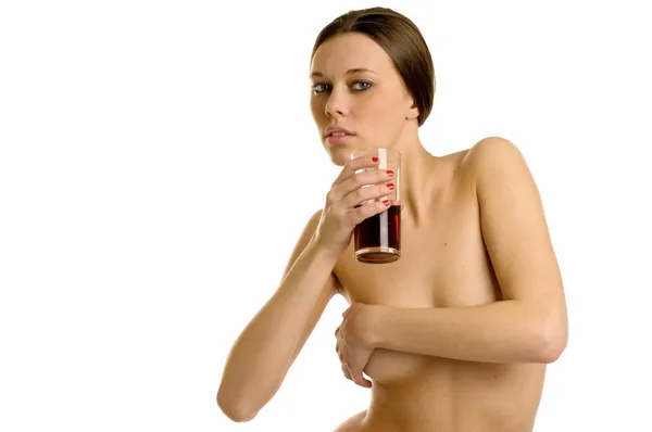 Naked woman with glass of juice — Stock Photo, Image