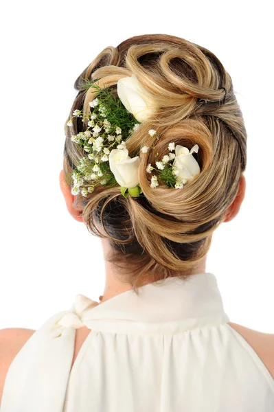Casamento coiffure com rosas brancas — Fotografia de Stock