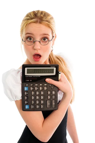 Surprised girl with calculator — Stock Photo, Image