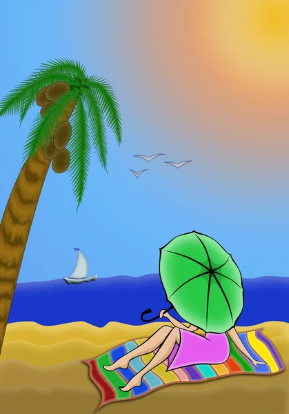 Meisje, zee en palm — Stockfoto