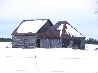 Old wood sheds with rusted tin roofs clipart