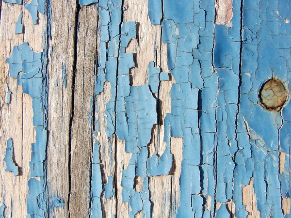 Checked and peeling blue paint on wood