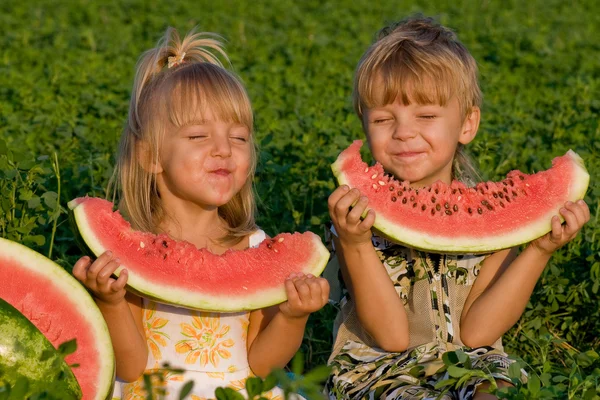 Little girl and boy with watermelon — Stock Photo, Image