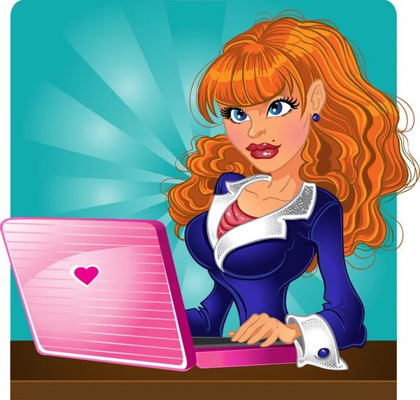 Smart blond girl on the computer — Stock Vector