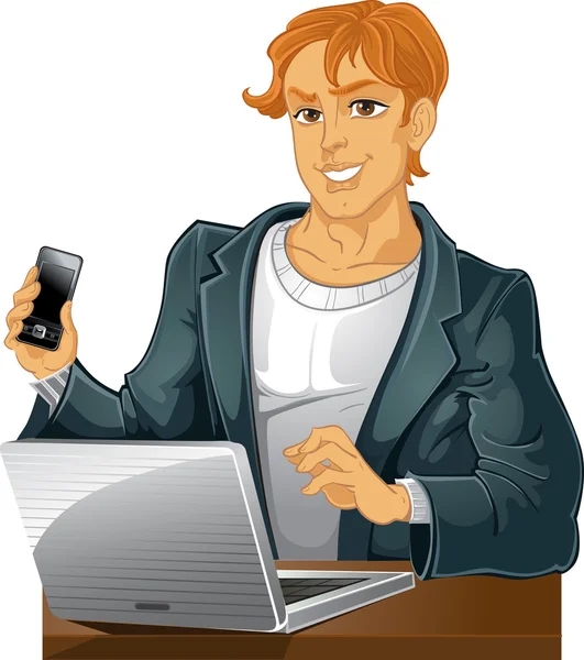 手机和手提电脑的男青年 — 图库矢量图片