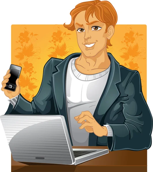 Jeunes hommes avec téléphone et ordinateur portable — Image vectorielle
