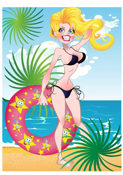 Blond girl with inflatable quarter — Stock Vector