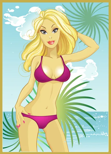 Prachtige blond meisje op het zonnige strand — Stockvector