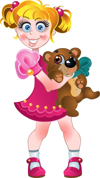 Chica en vestido rosa y oso de peluche — Vector de stock