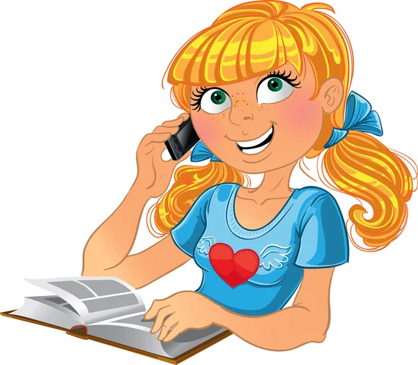 Chica rubia y teléfono y libro — Vector de stock