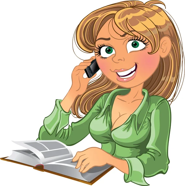 Blonde vrouw met telefoon en boek — Stockvector
