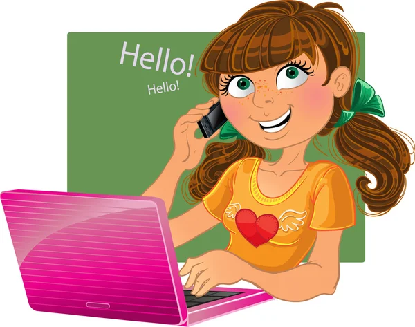 女孩用电话和粉红色的笔记本电脑 — 图库矢量图片