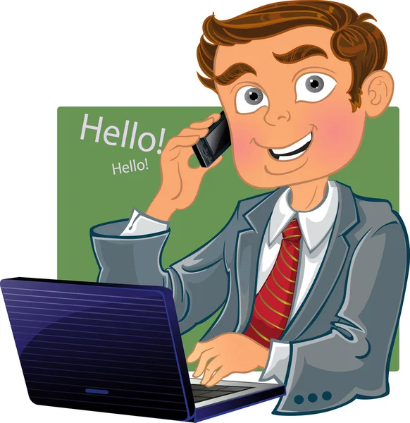 Brown-haired men with phone and laptop — Vector de stock