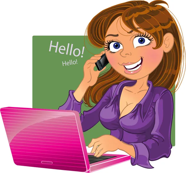 Bruinharige vrouw met telefoon en laptop — Stockvector