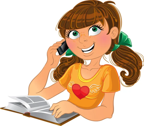 Menina e telefone e livro — Vetor de Stock