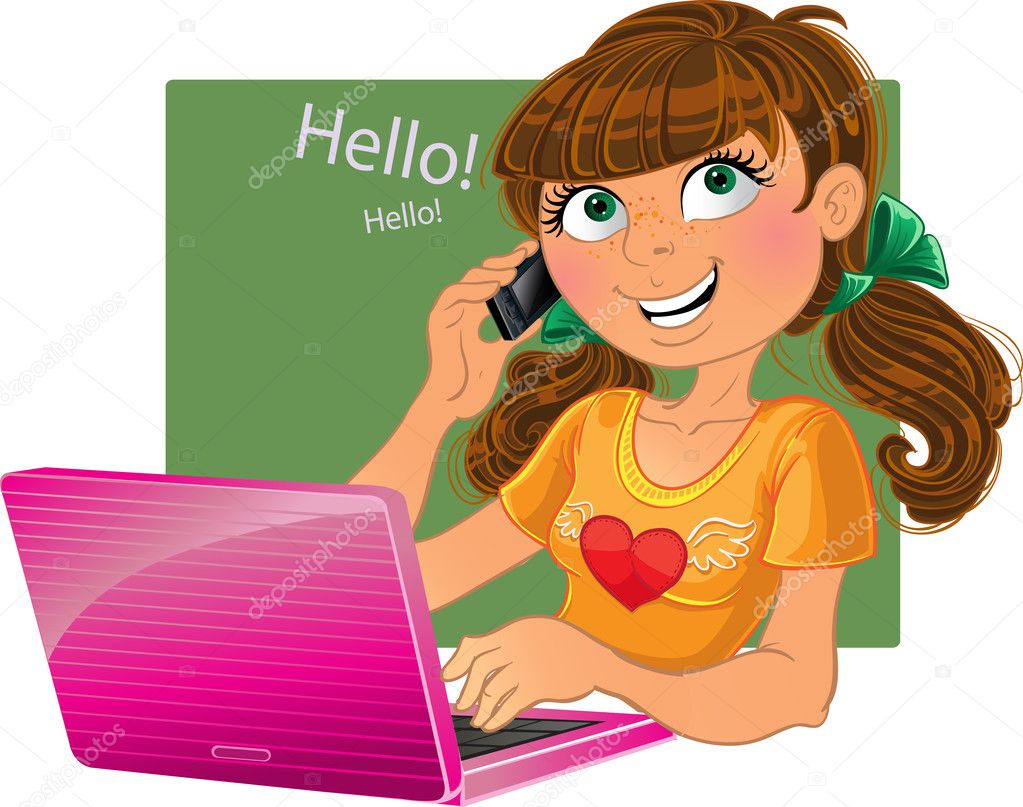 Girl with phone and pink laptop