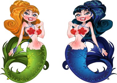 Pretty brunette and Blond mermaids clipart