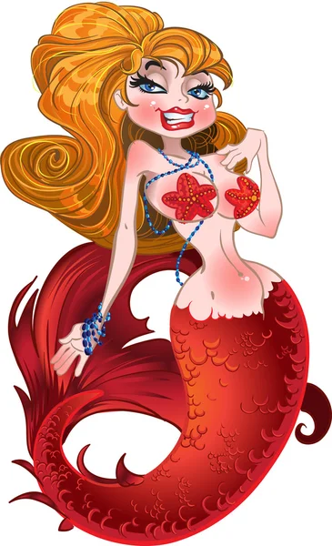 Blond mermaid with red scales — Stock Vector