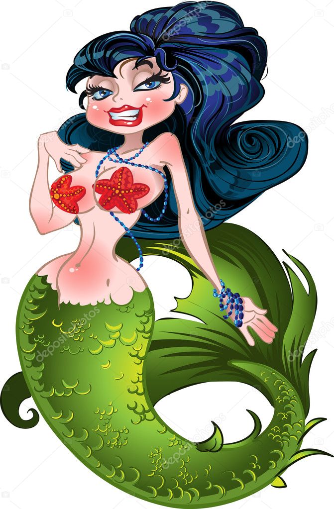 Brunette mermaid with green scales