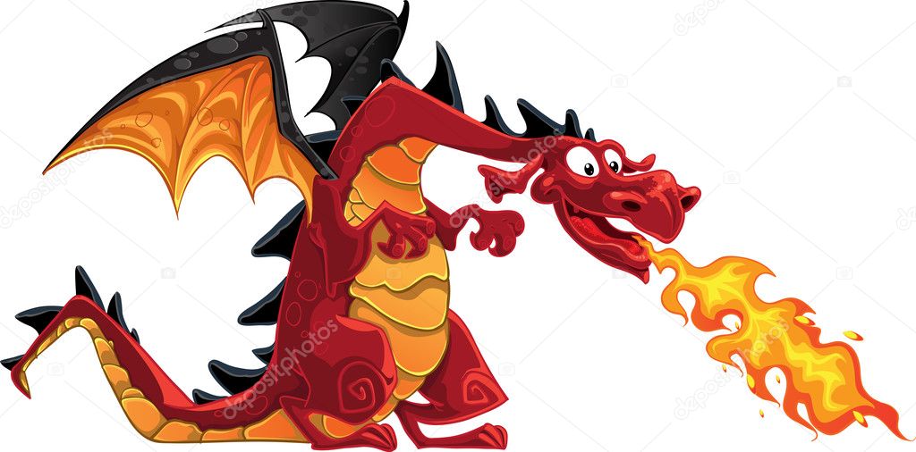 Desenho animado dragão vermelho cuspindo fogo - Stockphoto