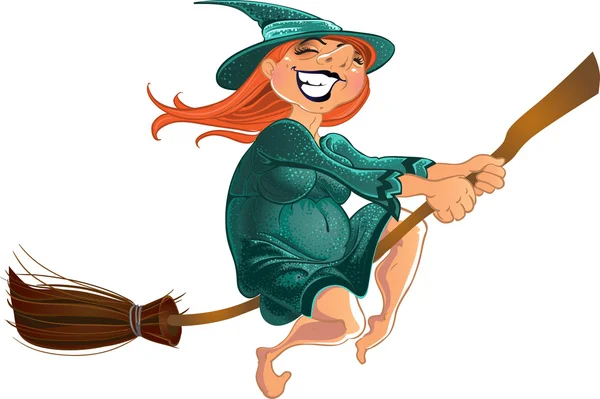 Cheerful witch on the broom — Stock Vector