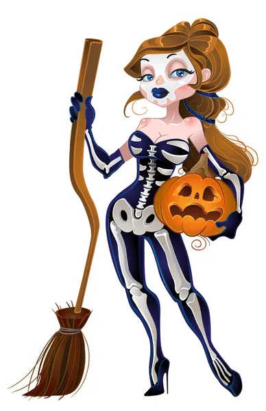 Chica bruja esqueleto — Vector de stock