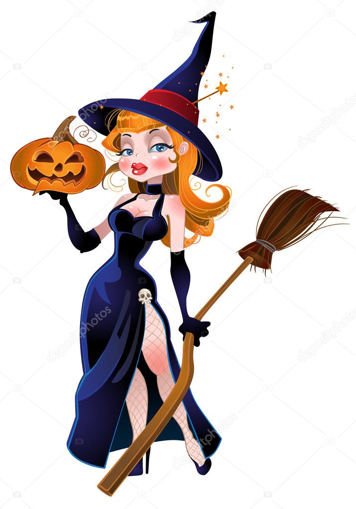 Vector beautiful witch and pumpkin