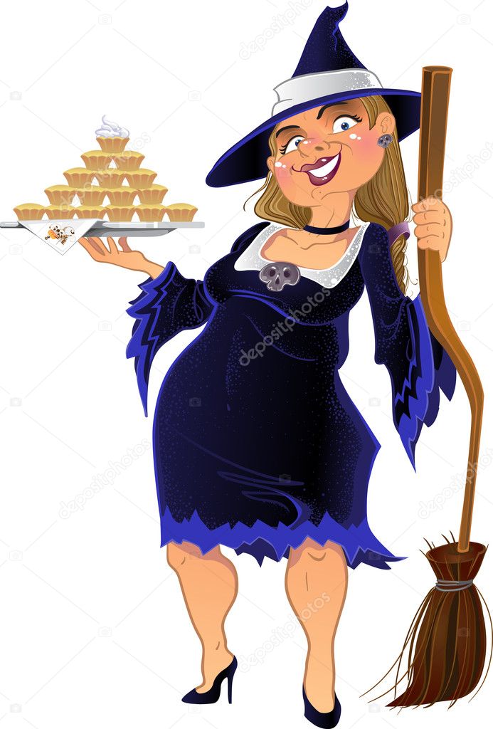 Real witch with cake. vector