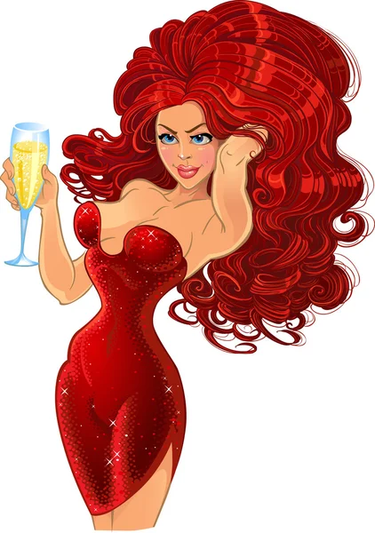 Meisje in rood met champagne — Stockvector