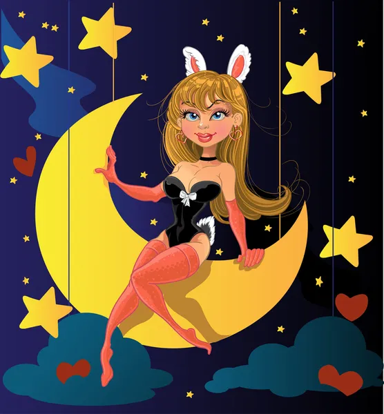 月亮上的兔子女孩 — 图库矢量图片