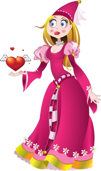 Princess in pink dress give a heart — Stock Vector