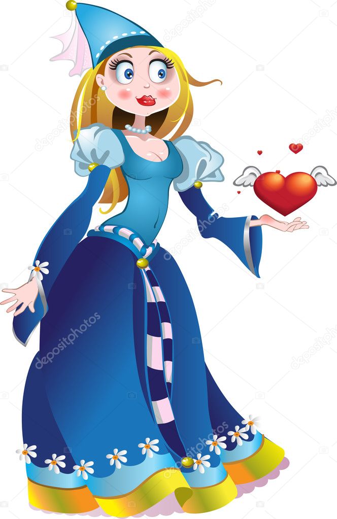 Charming princess in blue dress give a h