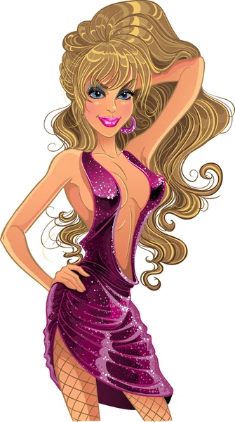Jolie fille blonde en robe rose — Image vectorielle