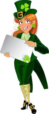 Lucky Leprechaun girl with placard clipart