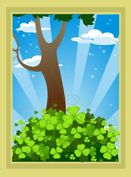 Fairytale landscape with clover and tree — Stock Vector