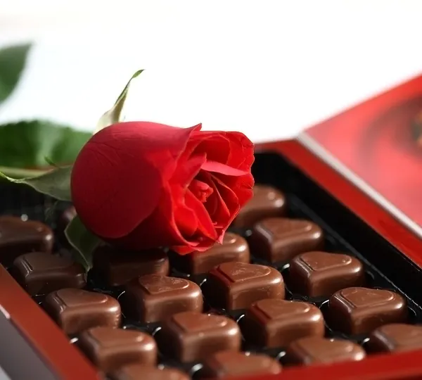 Vak van assortiment Chokoladen en rose — Stockfoto
