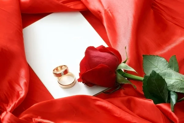 Červená růže a prázdná karta — Stock fotografie