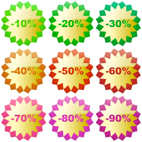 Modelos de etiquetas de desconto com diferentes percentagens — Vetor de Stock