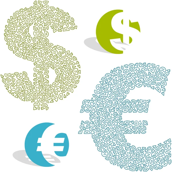 Dolar ve euro işareti vektör. vektör büyük bir toplama. — Stok Vektör
