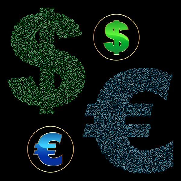 Διανυσματικά σημάδια του δολαρίου και του ευρώ. μεγάλη συλλογή διάνυσμα. — Διανυσματικό Αρχείο