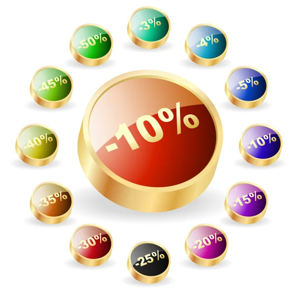 Modelos de botão de desconto com diferentes percentagens — Vetor de Stock