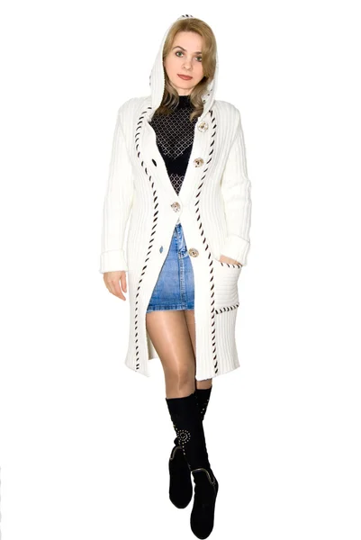 Model in a white knitted coat — Stock Photo, Image