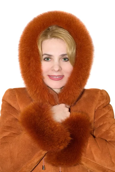 The young woman in a red sheepskin coat — Stock Photo, Image