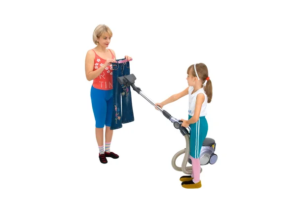 Mam,daughter and a vacuum cleaner — Stock Photo, Image