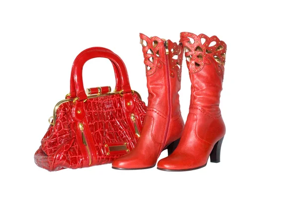 Bolsa vermelha e botas — Fotografia de Stock