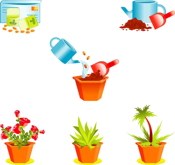 Ikony na pěstování rostlin, okna — Stockový vektor